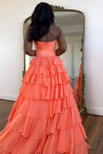 Load image into Gallery viewer, Stunning A-Line Sweetheart Satin Top Long Tiered Chiffon Prom Dress with Slit