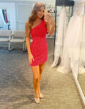 Load image into Gallery viewer, Glitter One-Shoulder Hot Pink Homecoming Dress With Sequins