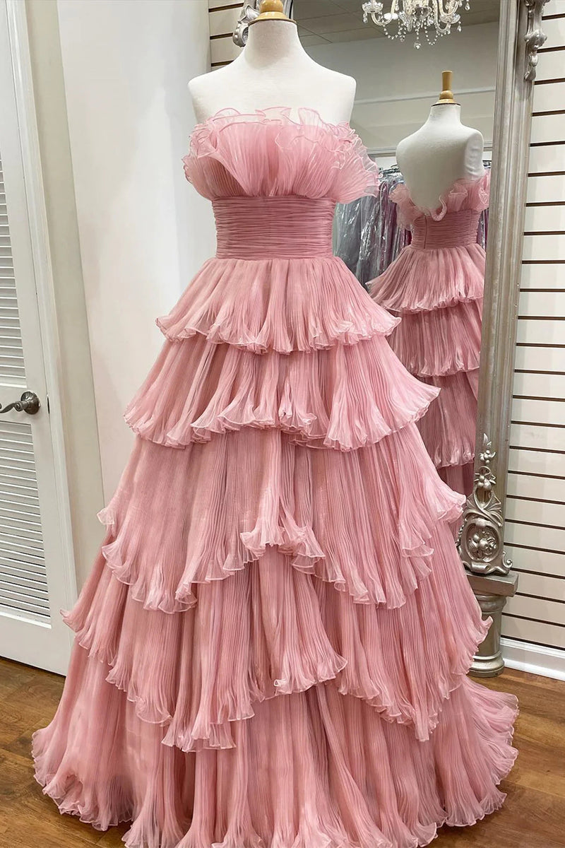 Unique Strapless Tiered Organza Ruffles A-Line Pink Prom Dress,OLP2215 main image 0