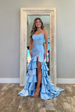 Load image into Gallery viewer, Stylish Pink Mermaid Strapless Long Tiered Satin Prom Dress with Sequin