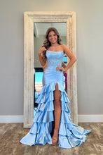 Load image into Gallery viewer, Stylish Pink Mermaid Strapless Long Tiered Satin Prom Dress with Sequin