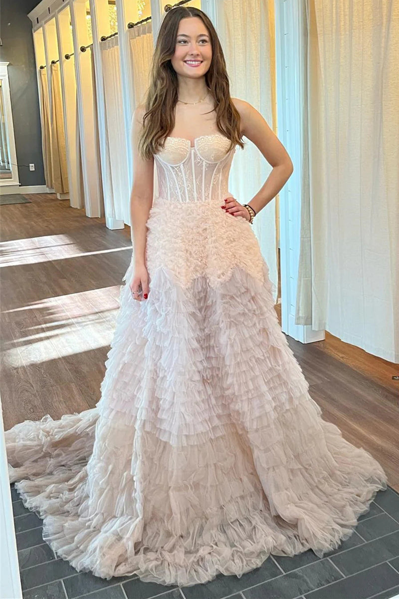 Luuvis Light Pink Corset Prom Dress Princess A Line Sweetheart Evening