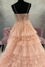 Load image into Gallery viewer, Charming A Line Spaghetti Straps Light Pink Corset Prom Dress with Ruffles