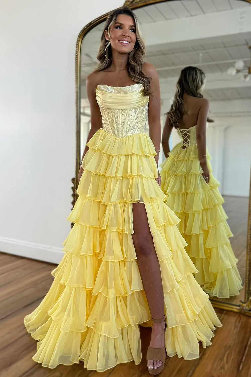 Stunning Strapless A-Line Sparkly Long Layered Chiffon Prom Dress With Slit