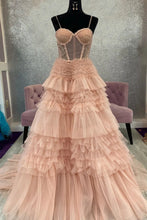 Load image into Gallery viewer, Charming A Line Spaghetti Straps Light Pink Corset Prom Dress with Ruffles