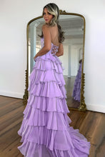 Load image into Gallery viewer, Gorgeous Royal Blue A-Line Sparkly Long Layered Chiffon Prom Dress With Slit