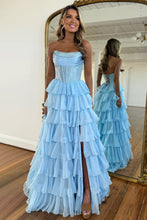 Load image into Gallery viewer, Gorgeous Royal Blue A-Line Sparkly Long Layered Chiffon Prom Dress With Slit