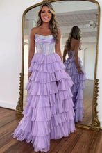 Load image into Gallery viewer, Gorgeous Royal Blue A-Line Sparkly Long Layered Chiffon Prom Dress With Slit