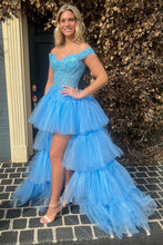 Load image into Gallery viewer, Trendy High Low Off the Shoulder Blue Corset Prom Dress with Appliques
