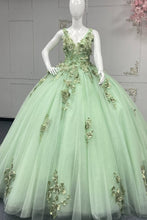 Load image into Gallery viewer, Charming A Line V Neck Green Quinceanera Dress with Criss Cross Back Appliques