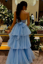 Load image into Gallery viewer, Princess A Line Spaghetti Straps Blue/Lavender Corset Prom Dress with Ruffles