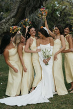 Load image into Gallery viewer, Simple Mermaid Strapless White Satin Long Bridal Dress with Sweep Train