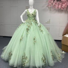 Load image into Gallery viewer, Charming A Line V Neck Green Quinceanera Dress with Criss Cross Back Appliques
