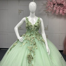 Load image into Gallery viewer, Charming A Line V Neck Green Quinceanera Dress with Criss Cross Back Appliques