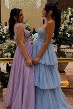Load image into Gallery viewer, Princess A Line Spaghetti Straps Blue/Lavender Corset Prom Dress with Ruffles
