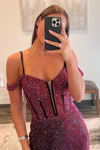 Load image into Gallery viewer, Luxurious Burgundy Mermaid Off The Shoulder Long Corset Beaded Prom Dress