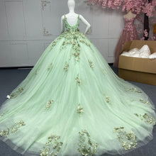 Load image into Gallery viewer, Charming A Line V Neck Green Quinceanera Dress with Criss Cross Back Appliques