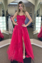 Load image into Gallery viewer, Stunning A Line Spaghetti Straps Fuchsia Long Prom Dress with Appliques