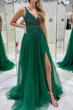 Load image into Gallery viewer, Bling A Line V Neck Dark Green Long Prom Dress with Beading