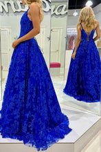 Load image into Gallery viewer, Gorgeous A Line Spaghetti Straps Royal Blue Long Prom Dress with Appliques