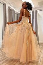 Load image into Gallery viewer, Charming A Line Spaghetti Straps Champagne Long Prom Dress with Appliques