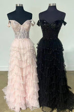 Load image into Gallery viewer, Elegant A Line Off the Shoulder Corset Light Champagne Corset Prom Dress with Lace Ruffles