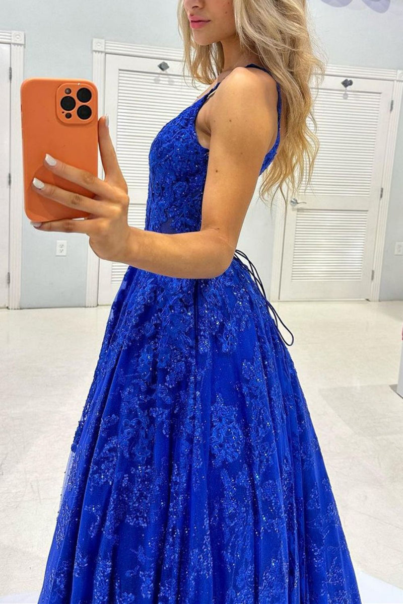 A Line Spaghetti Straps Royal Blue Prom Dress with Split LBQ3125