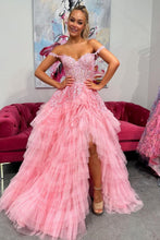 Load image into Gallery viewer, Princess A Line Off the Shoulder Pink Corset Prom Dress with Appliques