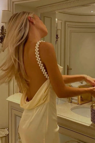 Charming Sheath Spaghetti Straps Yellow Long Party Dress with Pearl
