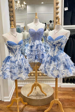 Load image into Gallery viewer, Gorgeous A Line Sweetheart Blue Printed Short Homecoming Dress with Ruffles
