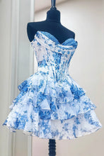 Load image into Gallery viewer, Gorgeous A Line Sweetheart Blue Printed Short Homecoming Dress with Ruffles