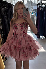 Load image into Gallery viewer, Beautiful A Line Spaghetti Straps Pink Foral Printed Short Homecoming Dress