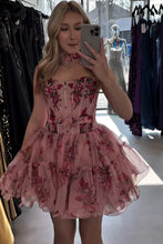 Load image into Gallery viewer, Beautiful A Line Spaghetti Straps Pink Foral Printed Short Homecoming Dress