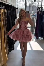 Load image into Gallery viewer, Beautiful A Line Spaghetti Straps Pink Foral Printed Short Homecoming Dress