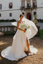 Load image into Gallery viewer, Charming A Line Strapless White Satin Long Wedding Dress with Slit