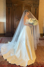 Load image into Gallery viewer, Charming A Line Strapless White Satin Long Wedding Dress with Slit