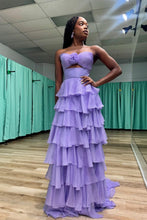Load image into Gallery viewer, Cute Royal Blue A-Line Strapless Long Tiered Prom Dress with Slit
