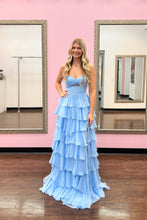 Load image into Gallery viewer, Cute Royal Blue A-Line Strapless Long Tiered Prom Dress with Slit
