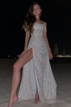 Load image into Gallery viewer, Elegant Mermaid Off the Shoulder Silver Sequins Long Prom Dress with Split Front
