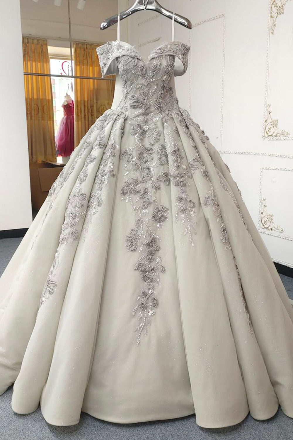 Beautiful A Line Off the Shoulder Grey Ball Gown Quinceanera Dress with Appliques Criss Cross Back