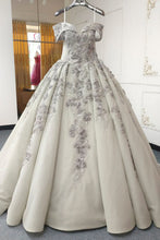 Load image into Gallery viewer, Beautiful A Line Off the Shoulder Grey Ball Gown Quinceanera Dress with Appliques Criss Cross Back