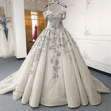 Load image into Gallery viewer, Beautiful A Line Off the Shoulder Grey Ball Gown Quinceanera Dress with Appliques Criss Cross Back