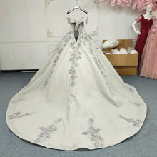 Load image into Gallery viewer, Beautiful A Line Off the Shoulder Grey Ball Gown Quinceanera Dress with Appliques Criss Cross Back