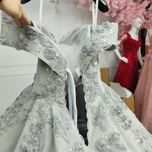 Load image into Gallery viewer, Beautiful A Line Off the Shoulder Grey Ball Gown Quinceanera Dress with Appliques Criss Cross Back