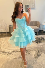 Load image into Gallery viewer, Pretty A Line Sweetheart Blue Corset Homecoming Dress with Beading Ruffles