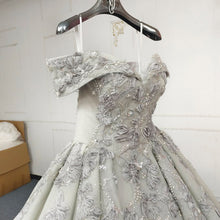 Load image into Gallery viewer, Beautiful A Line Off the Shoulder Grey Ball Gown Quinceanera Dress with Appliques Criss Cross Back