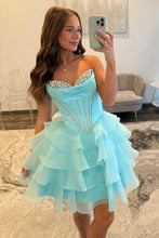 Load image into Gallery viewer, Pretty A Line Sweetheart Blue Corset Homecoming Dress with Beading Ruffles