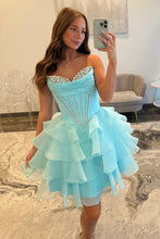 Load image into Gallery viewer, Pretty A Line Sweetheart Blue Corset Homecoming Dress with Beading Ruffles