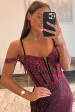 Load image into Gallery viewer, Luxurious Burgundy Mermaid Off The Shoulder Long Corset Beaded Prom Dress