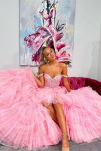 Load image into Gallery viewer, Princess A Line Off the Shoulder Pink Corset Prom Dress with Appliques